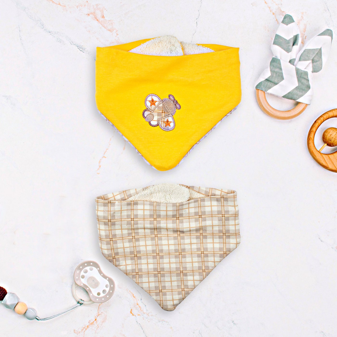 Bandana, tour de cou bébé enfant, jaune safran,motif ancres marine, double  gaze de coton – Kore & Co